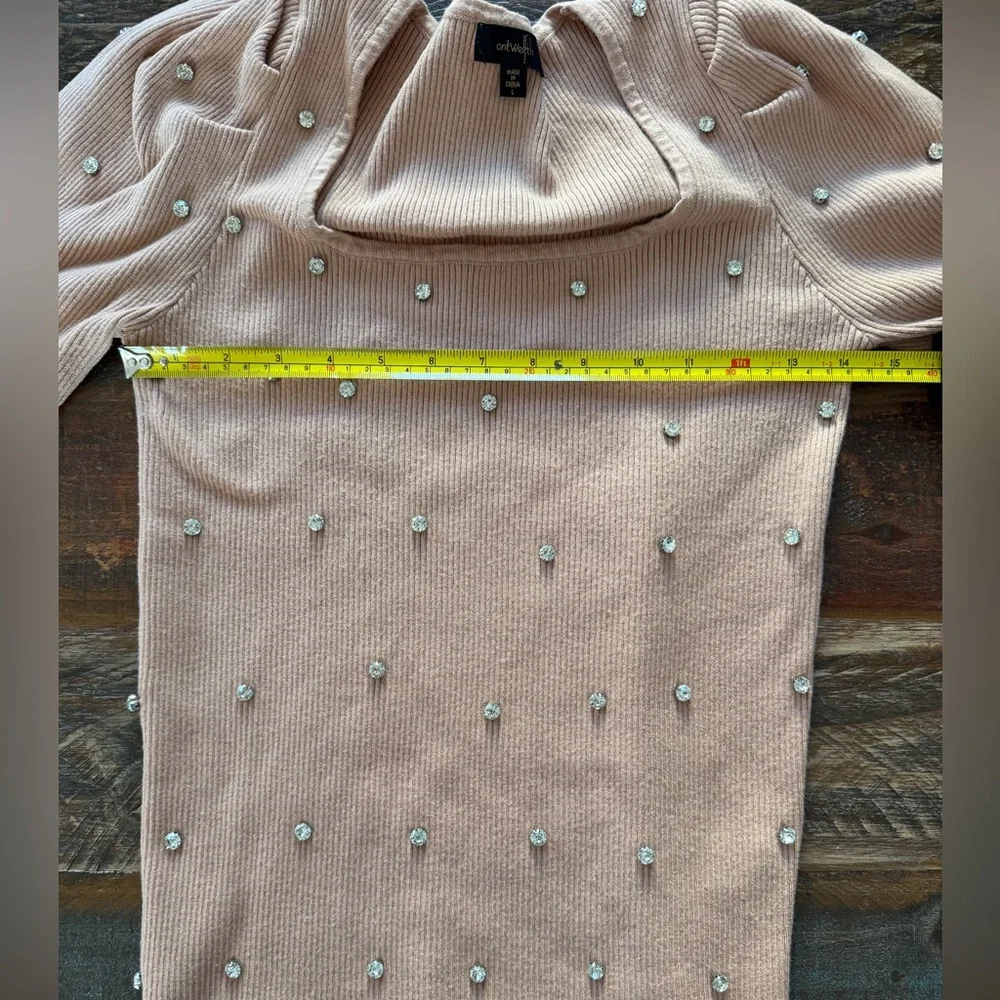 On Twelfth Women’s L Blush Beige / Taupe Rhinestone Ribbed Sweater | SKU 0163